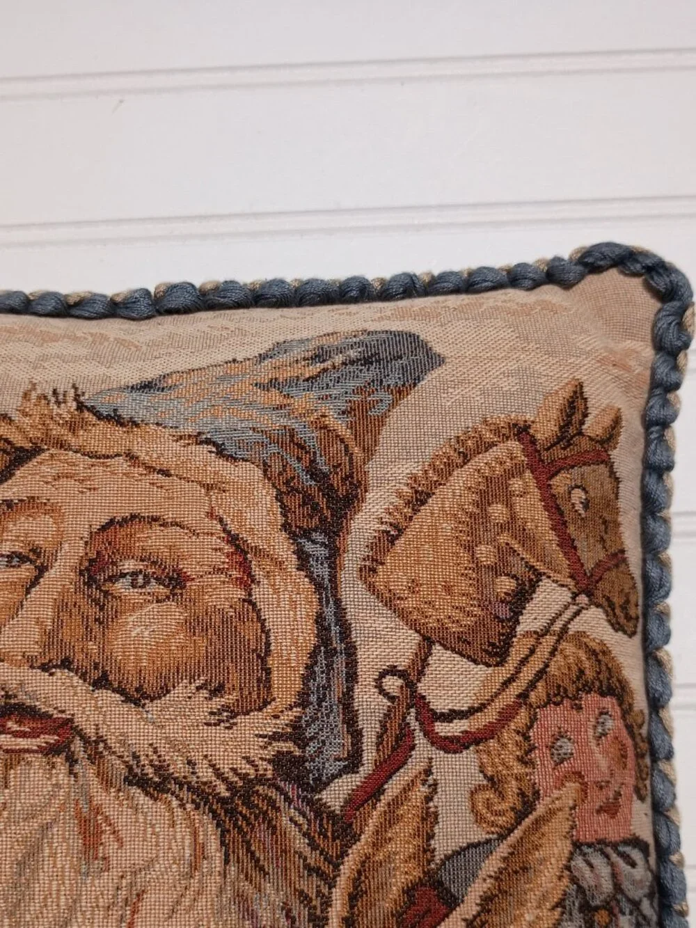 Vintage Tapestry Throw Pillow Santa Claus Old World Christmas Decor Folk Art Vtg